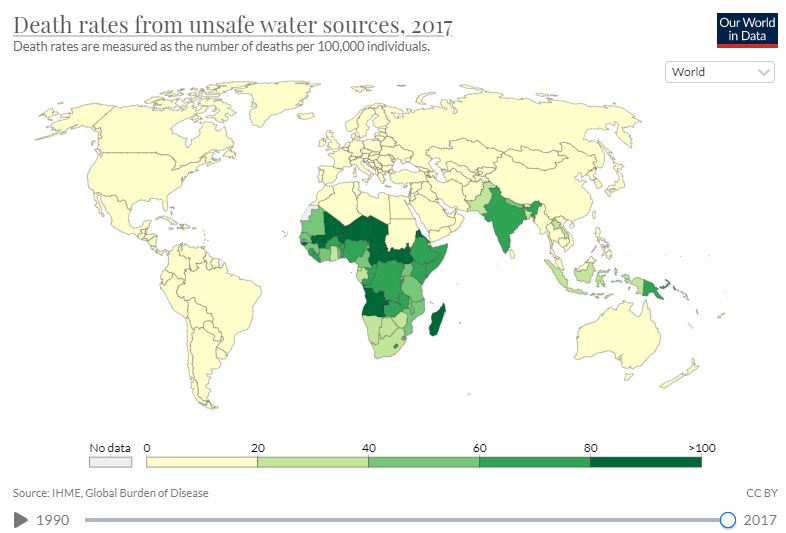 Míry úmrtnosti způsobené závadnou vodou na 100 000 obyvatel v roce 2017. Zdroj: Clean Water - Our World in Data